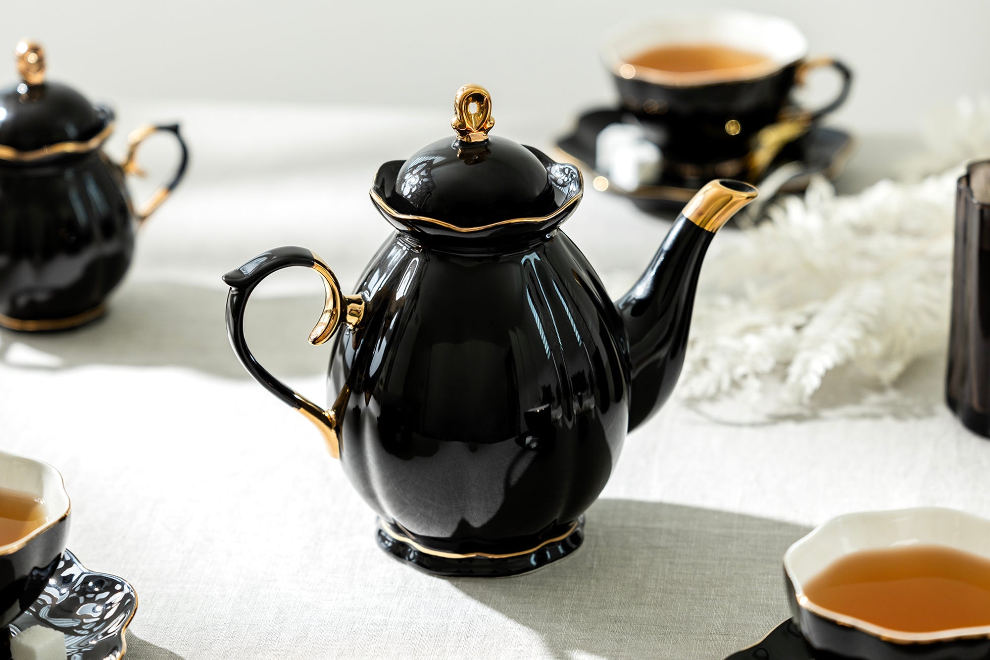 Black Gold Scallop Fine Porcelain Teapot - CLEARANCE