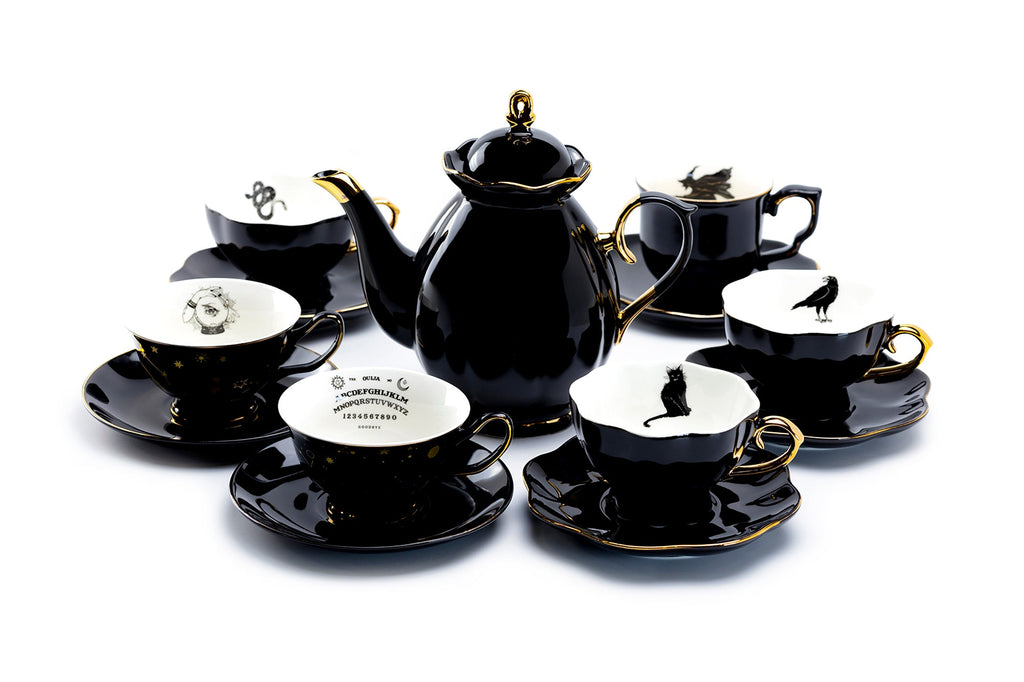 Black Gold Scallop Teapot + 6 Assorted Halloween Tea Cup and Saucer Sets - Ver. A