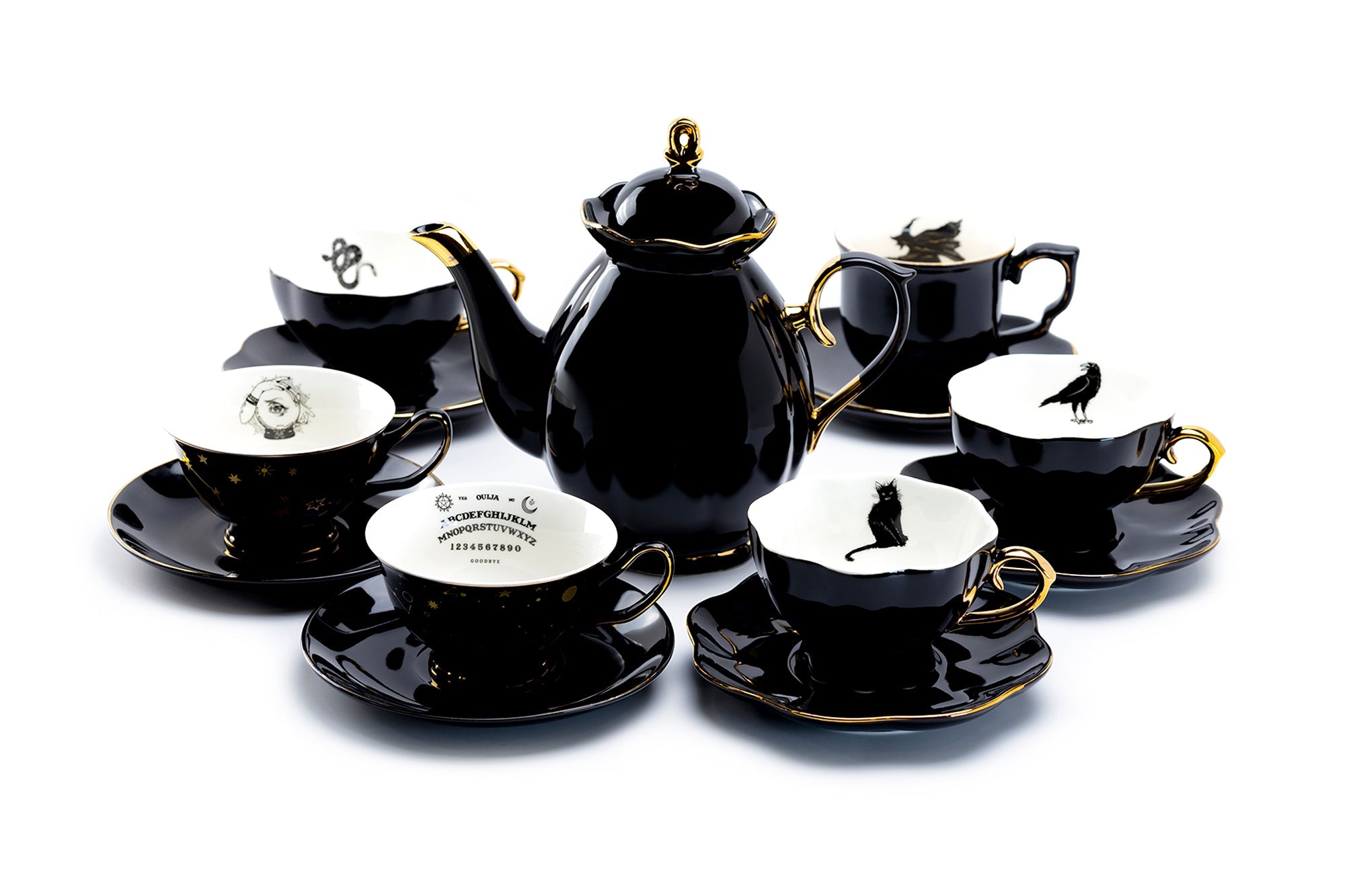 Black Gold Scallop Teapot + 6 Assorted Halloween Tea Cup and Saucer Sets - Ver. A