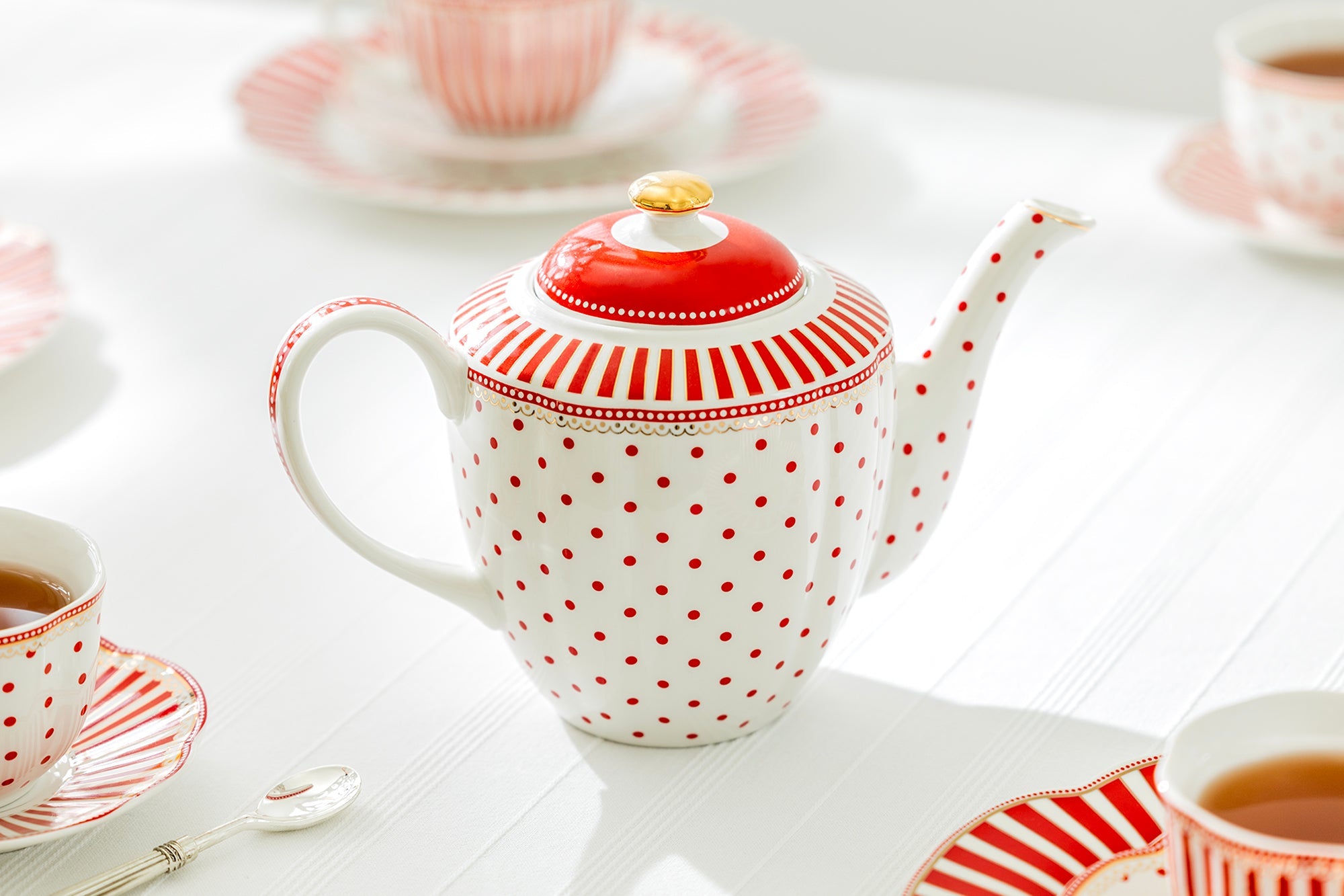 Red Josephine Stripes and Dots Fine Porcelain 11-Piece Tea Set