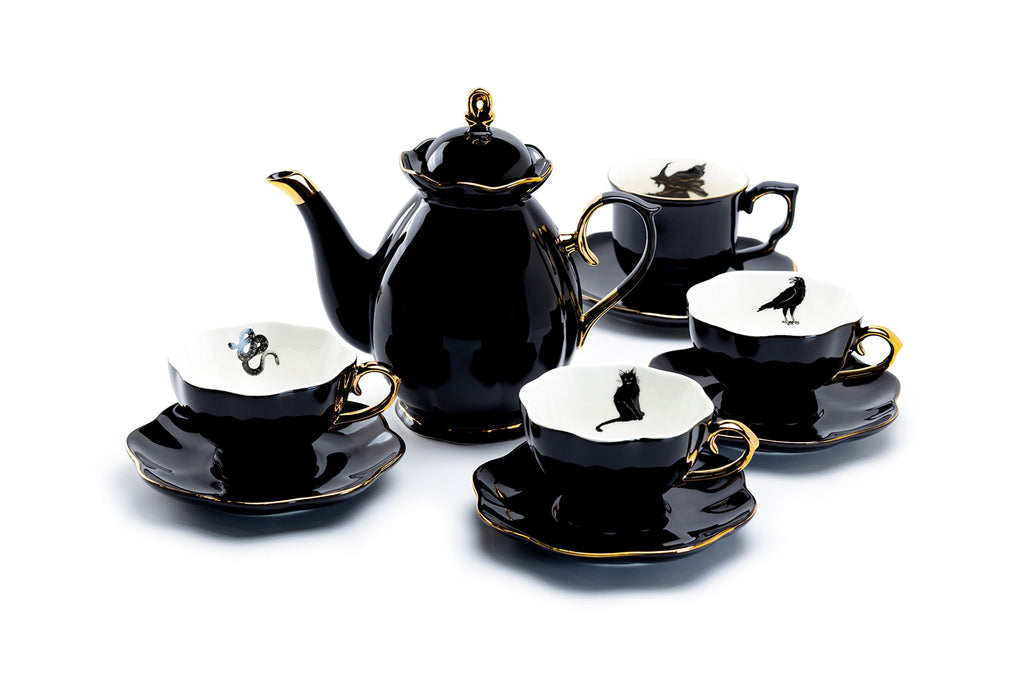 Black Gold Scallop Teapot + 4 Assorted Halloween Tea Cup and Saucer Sets - Ver. A