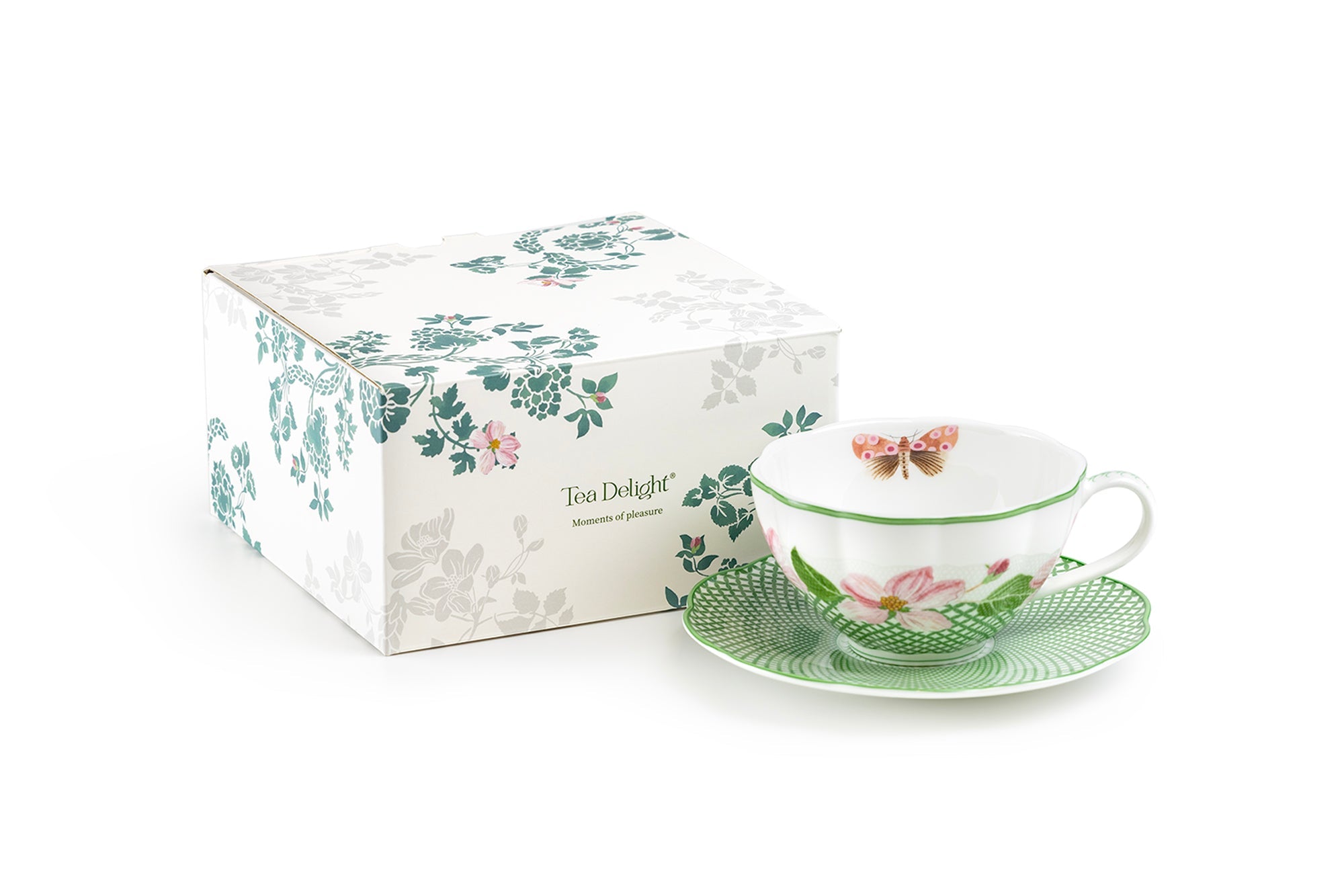 Apple Blossom Lattice Bone China Tea Cup and Saucer with Gift Box