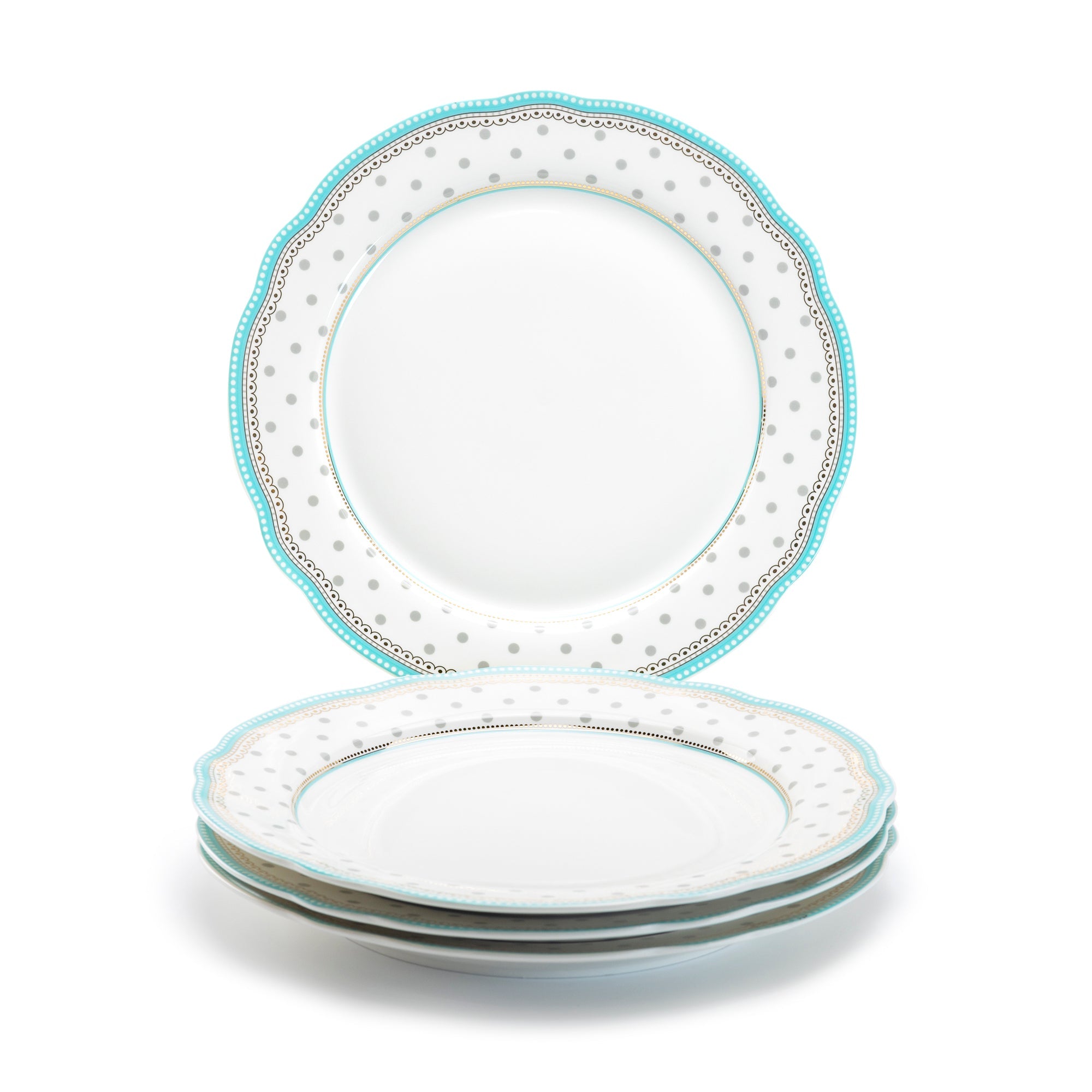 11" Turquoise Josephine Grey Dots Fine Porcelain Dinner Plate
