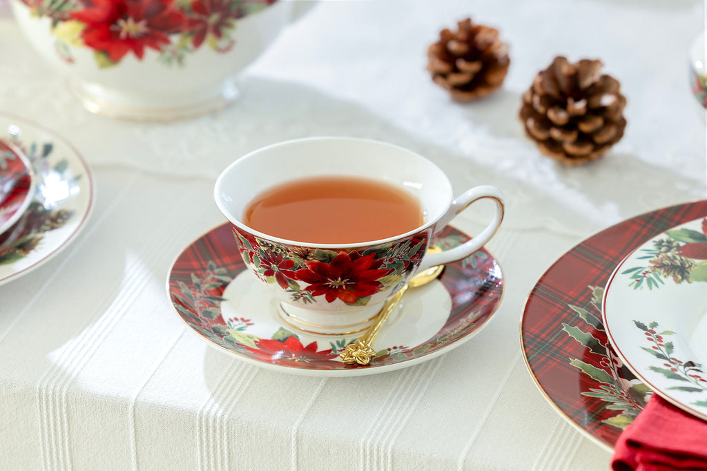 Poinsettia Pine Cone Fine Porcelain Tea Cup and Saucer