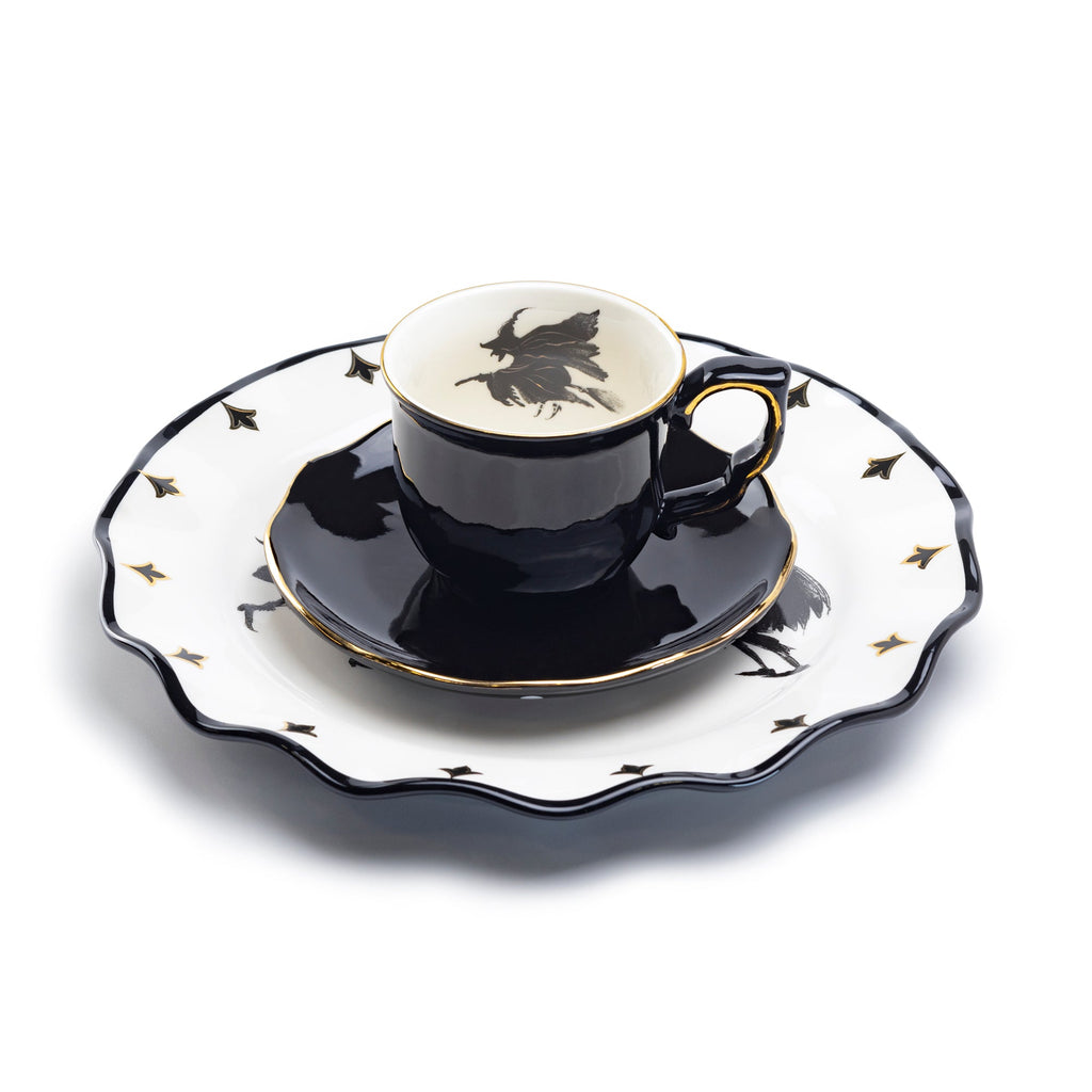 Flying Witch Black Gold Tea Cup and Saucer + Witches Brew Serving Platter Set