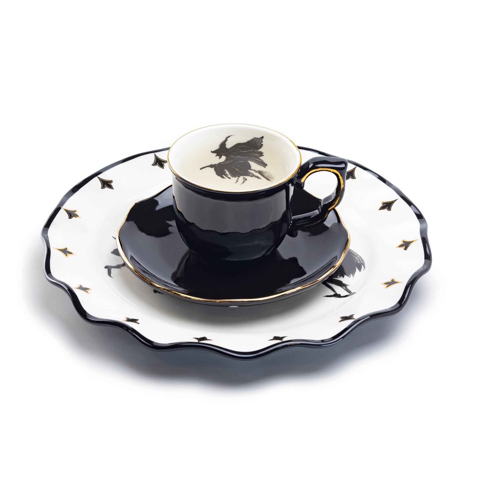 Flying Witch Black Gold Tea Cup and Saucer + Witches Brew Serving Platter Set