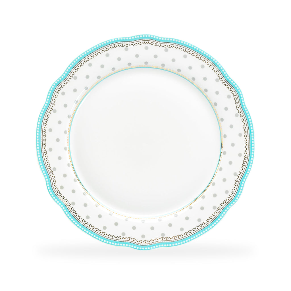 11" Turquoise Josephine Grey Dots Fine Porcelain Dinner Plate