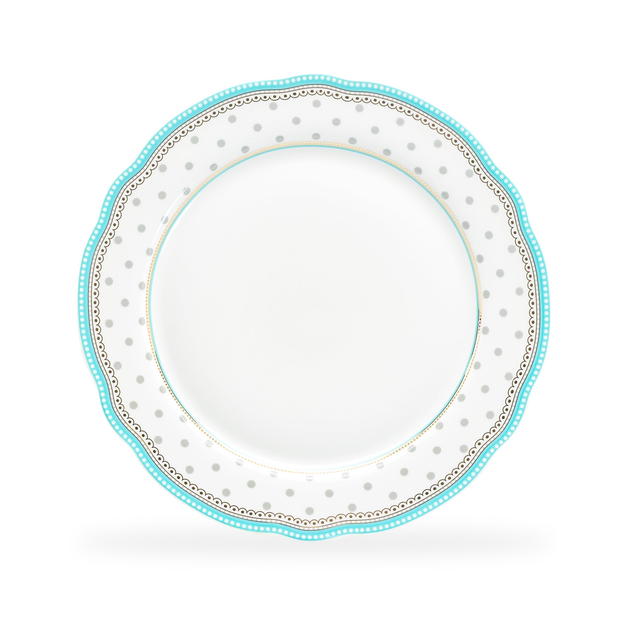 11" Turquoise Josephine Grey Dots Fine Porcelain Dinner Plate