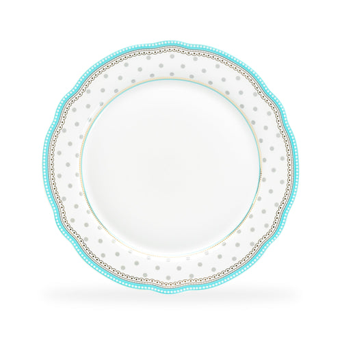 11" Turquoise Josephine Grey Dots Fine Porcelain Dinner Plate