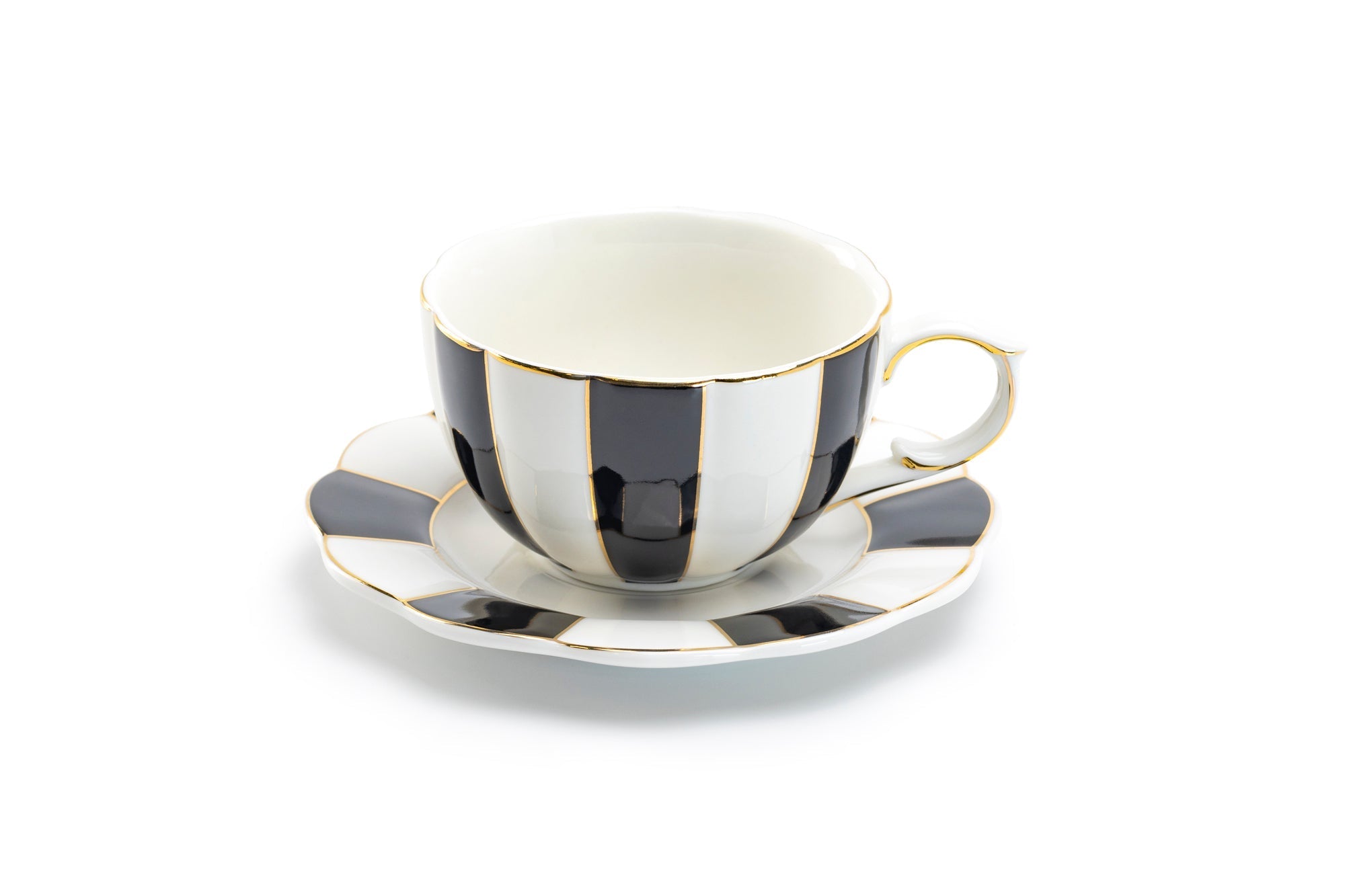 Black and White Scallop Fine Porcelain Tea Cup and Saucer
