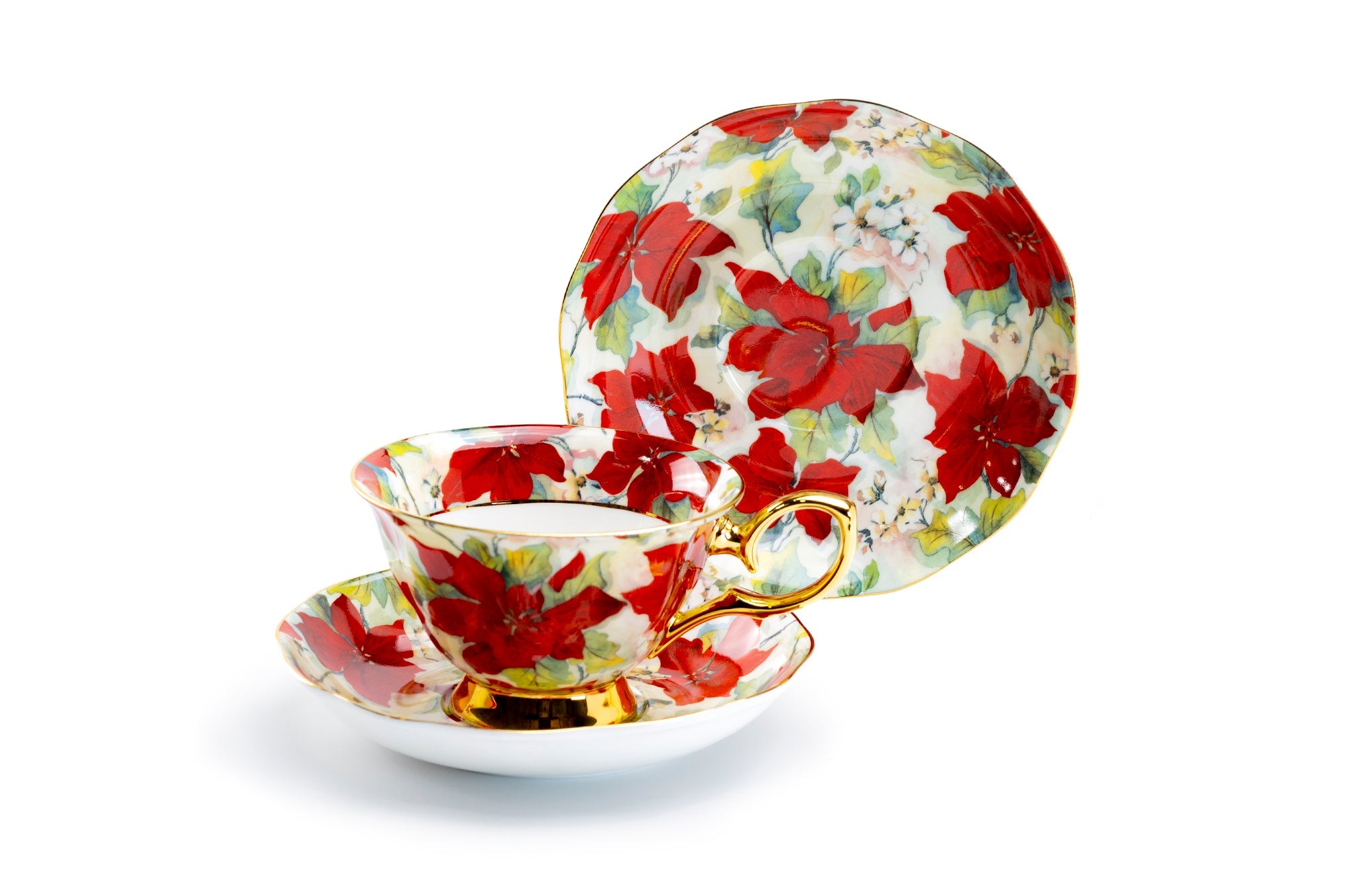 Poinsettia Gold Bone China Tea Cup and Saucer
