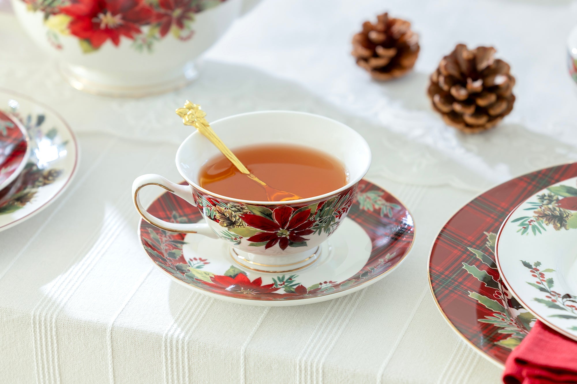 Poinsettia Pine Cone Fine Porcelain Tea Set