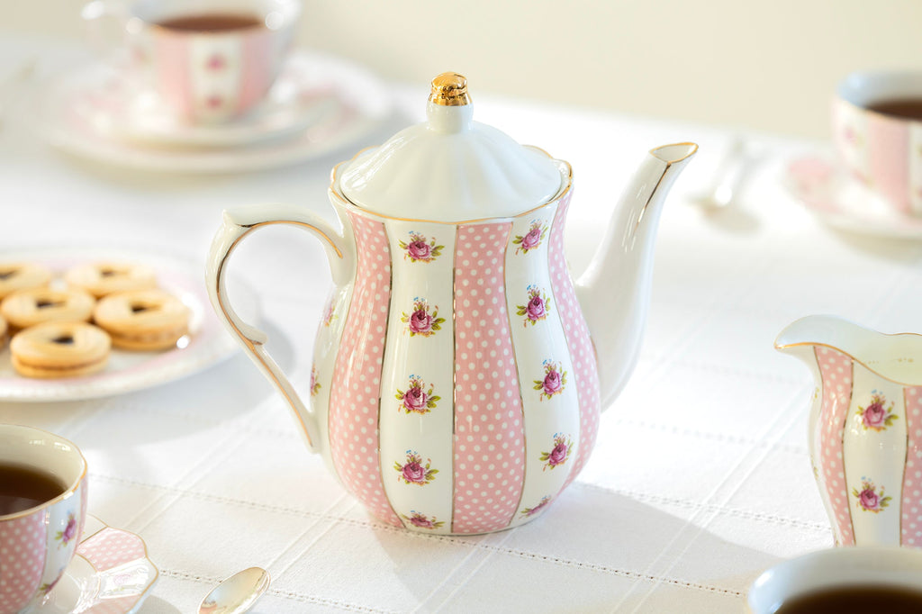 Pink Polka Dot Rosebud Scallop Fine Porcelain Teapot