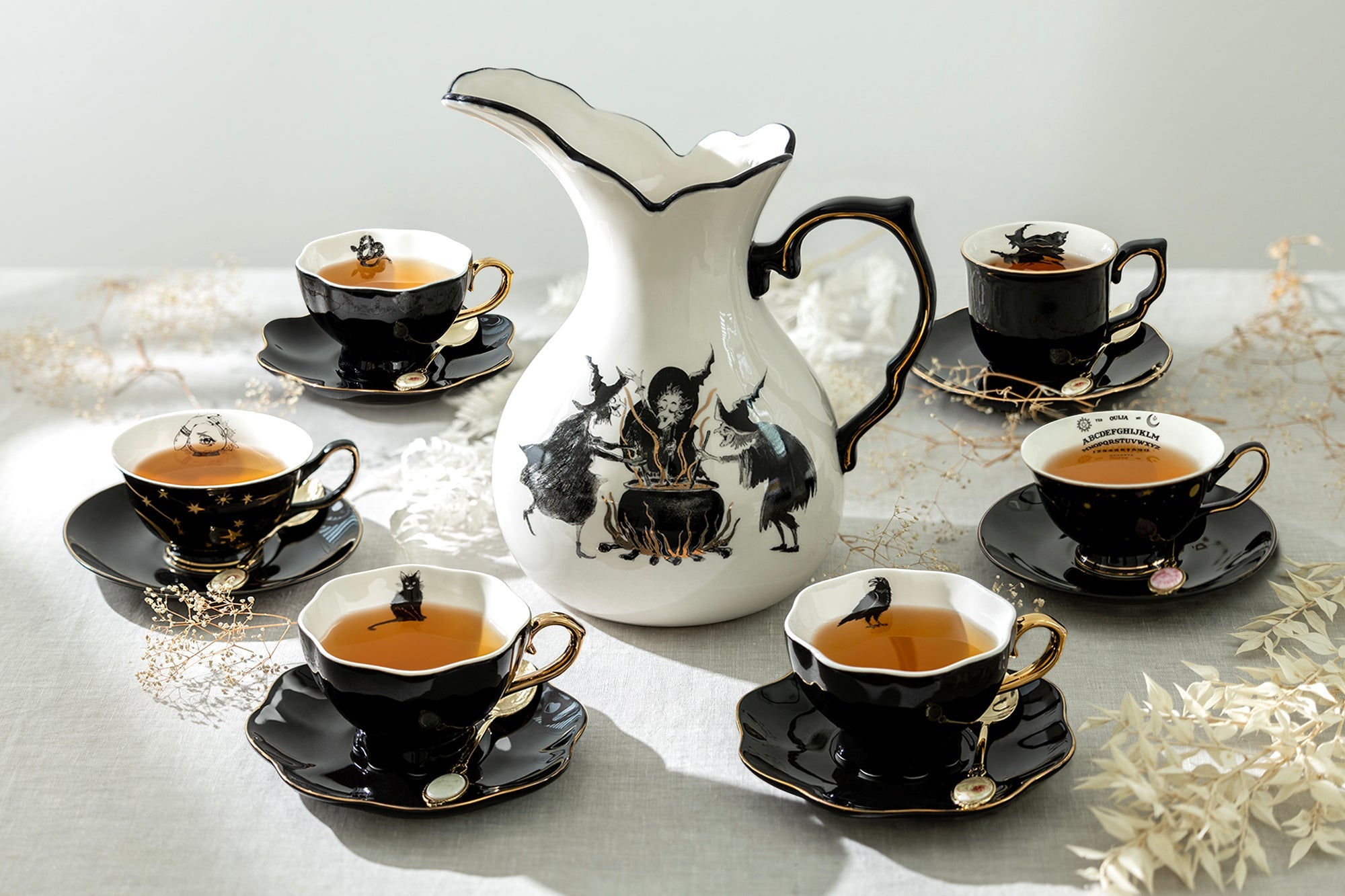 Witches Brew Pitcher + 6 Assorted Halloween Tea Cup and Saucer Sets - Ver. A