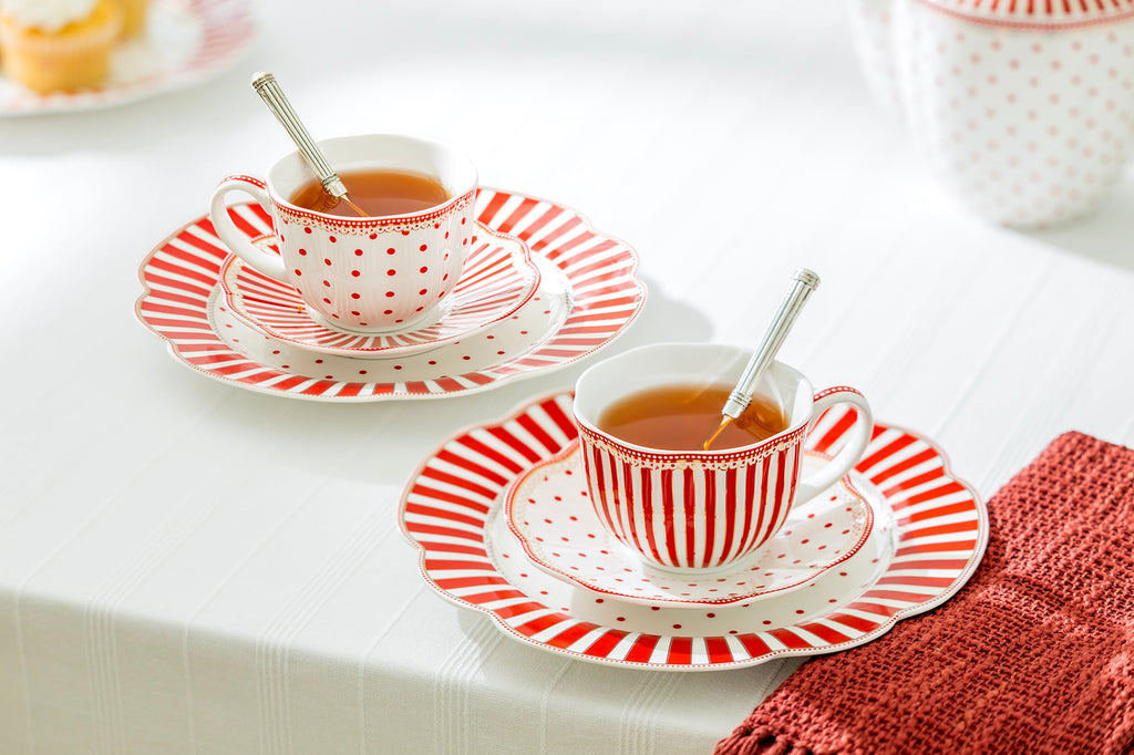 Red Josephine Stripes and Dots Fine Porcelain Cup and Saucer Sets
