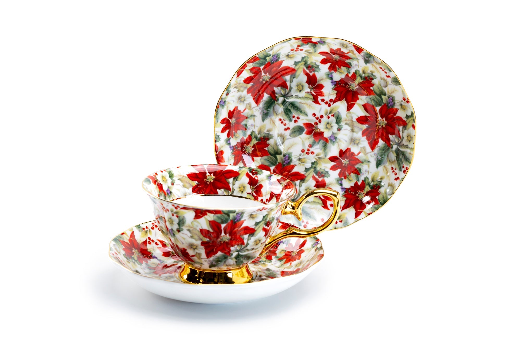 Poinsettia Chintz Gold Bone China Tea Cup and Saucer
