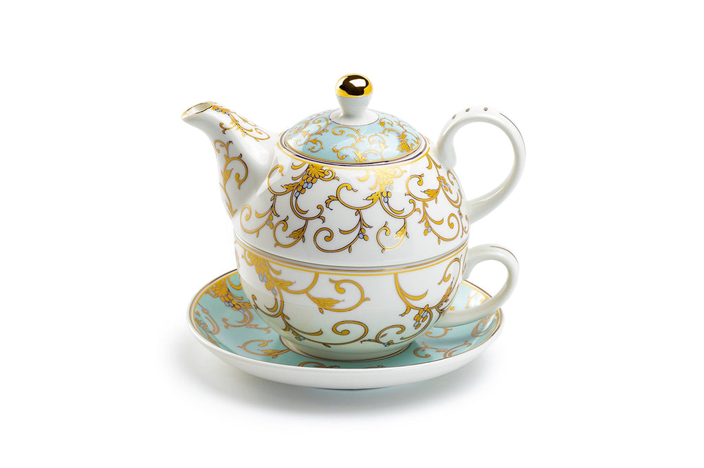 Mint Gold Scroll Fine Porcelain Tea For One Set