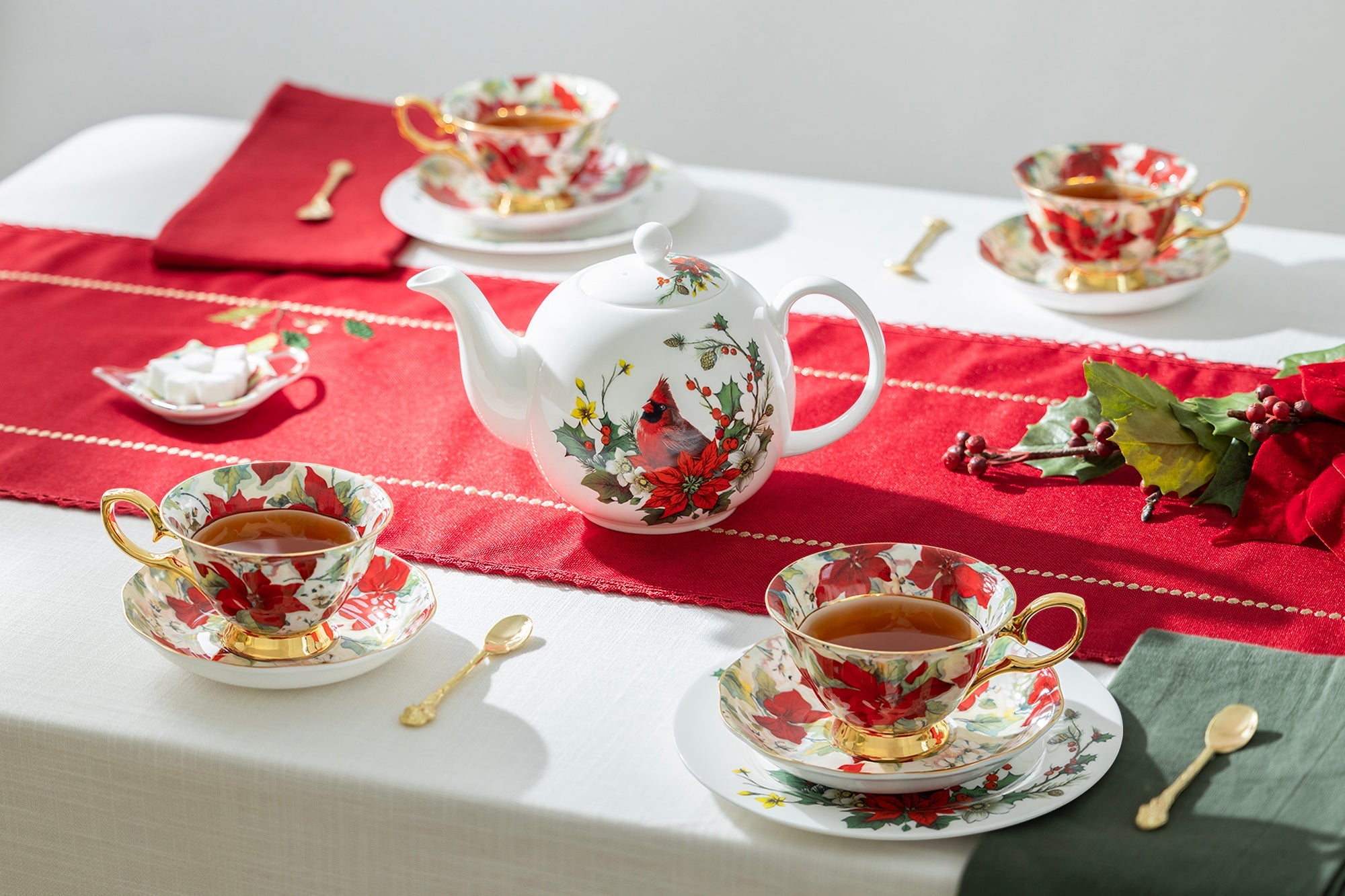 Cardinal Poinsettia Gold Bone China Tea Set
