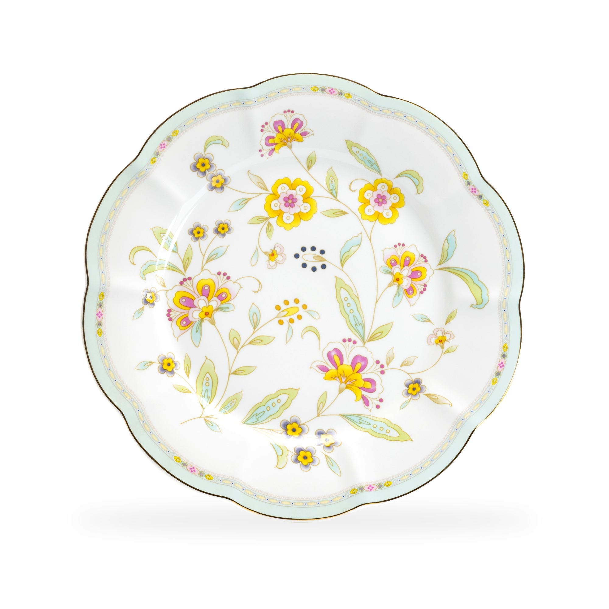 Yellow Corn Flowers with Mint Rim Fine Porcelain Dessert/Dinner Plate