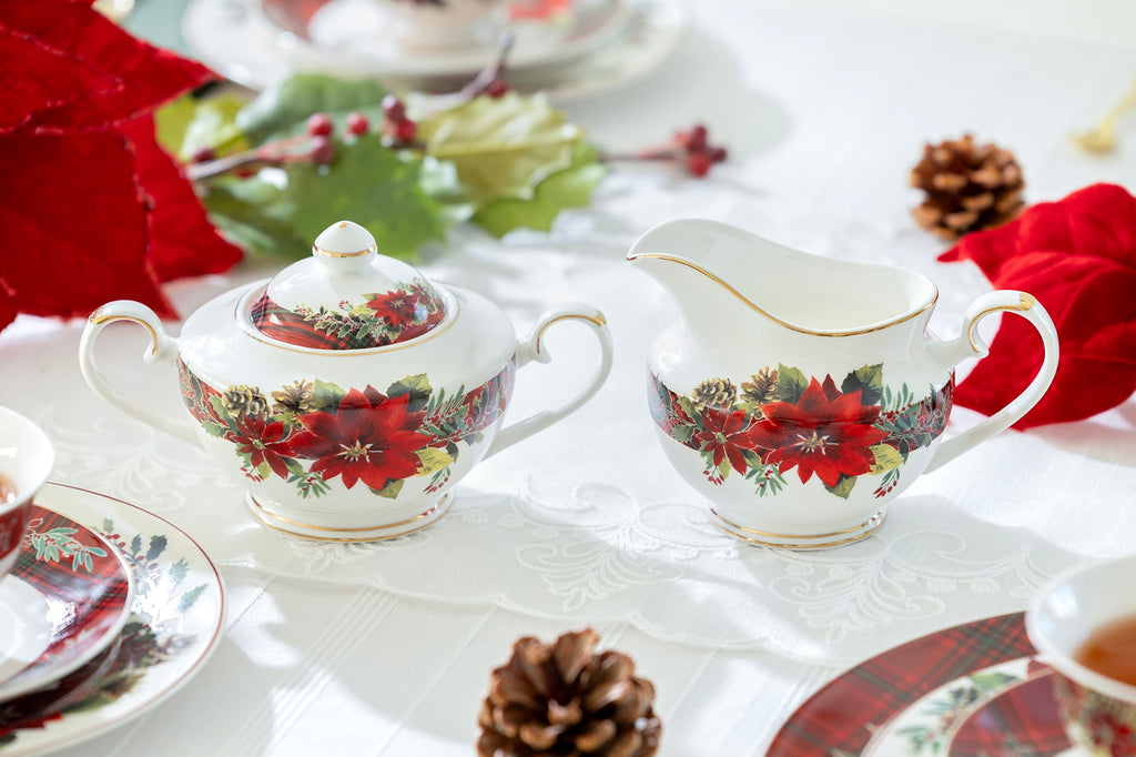Poinsettia Pine Cone Fine Porcelain Sugar & Creamer Set