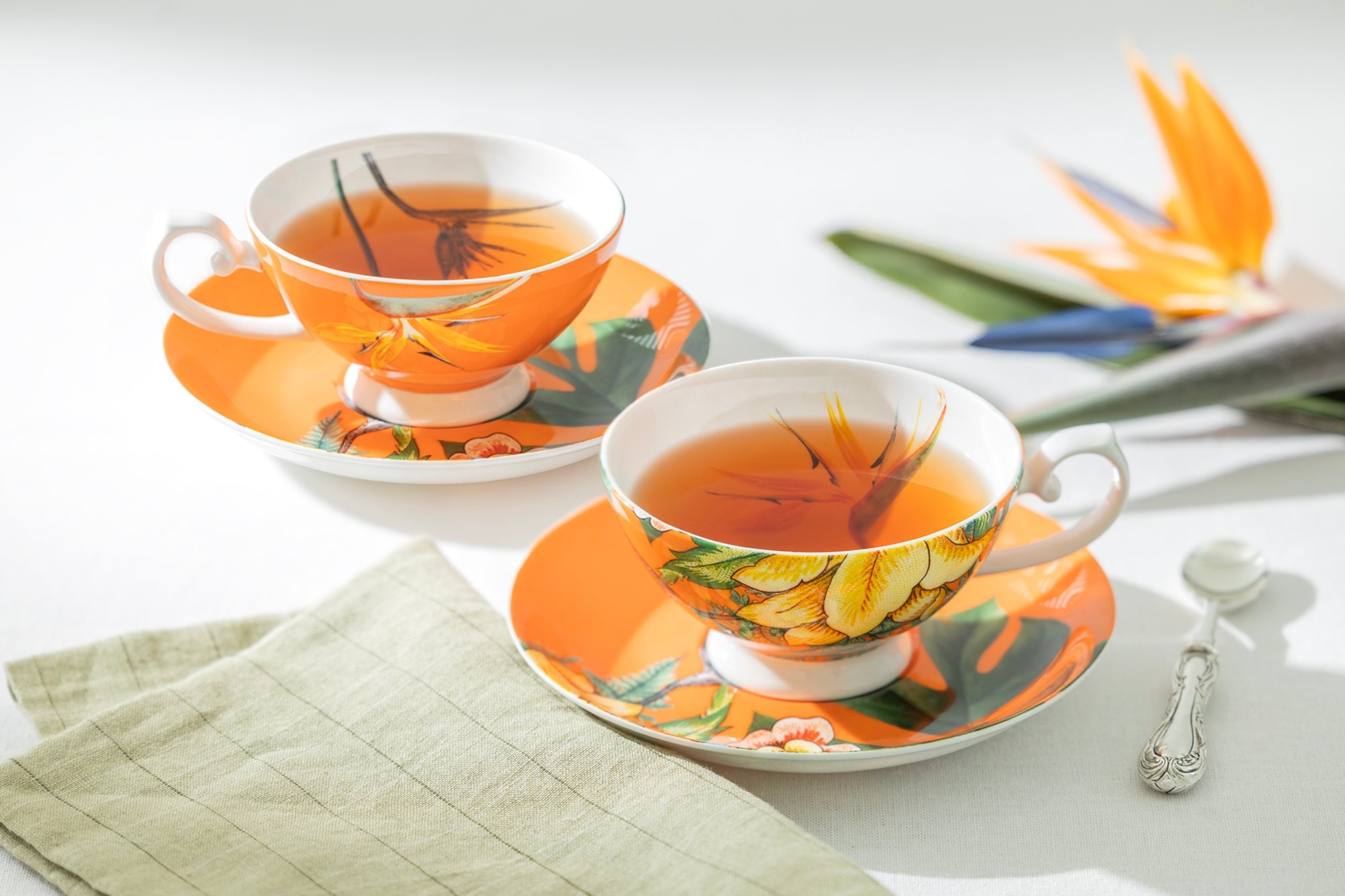 Bird of Paradise and Monstera Leaf Bone China Tea Cup and Saucer