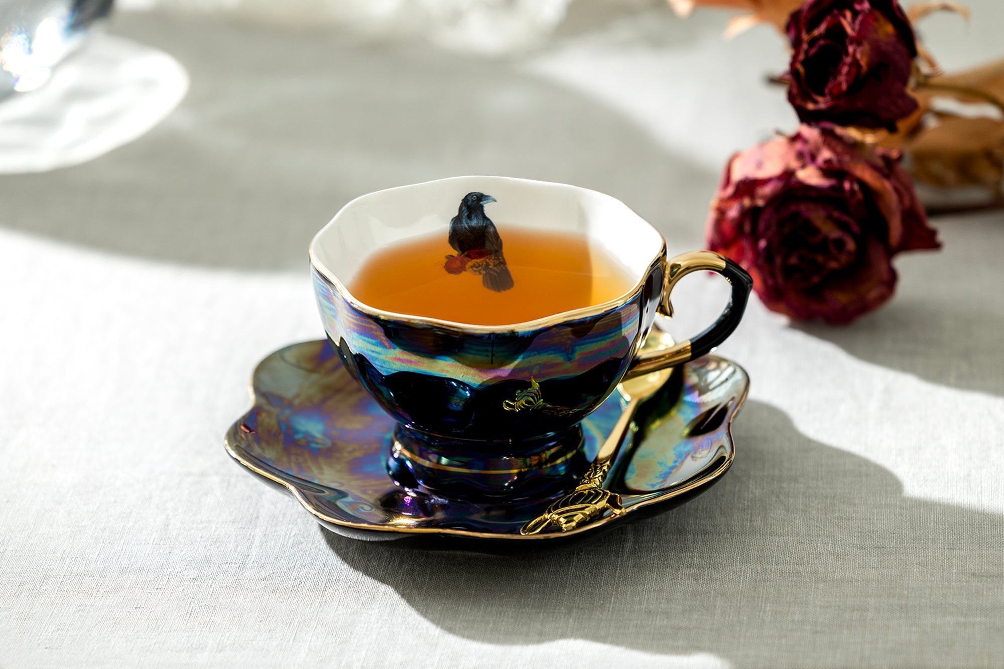 4 Assorted Halloween Black Gold Luster Tea Cup and Saucer Sets - Crow, Spider, Skull, Witchy Crystal Ball