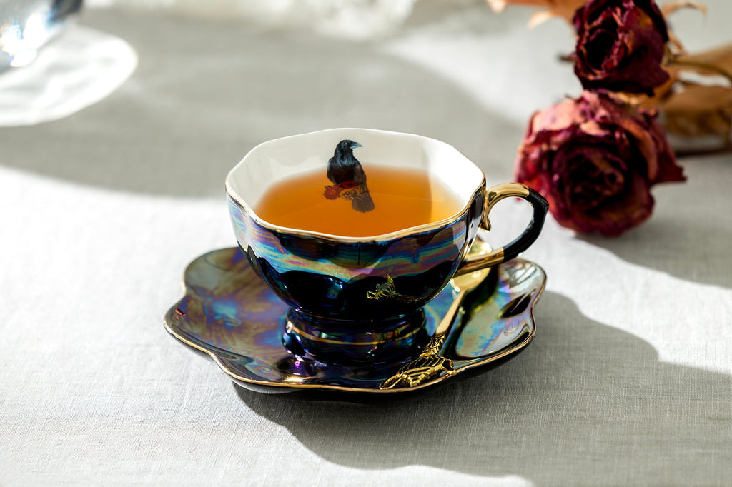 Black Gold Teapot + Sugar Creamer + 4 Crow with Red Roses Black Gold Luster Tea Cup and Saucer Sets
