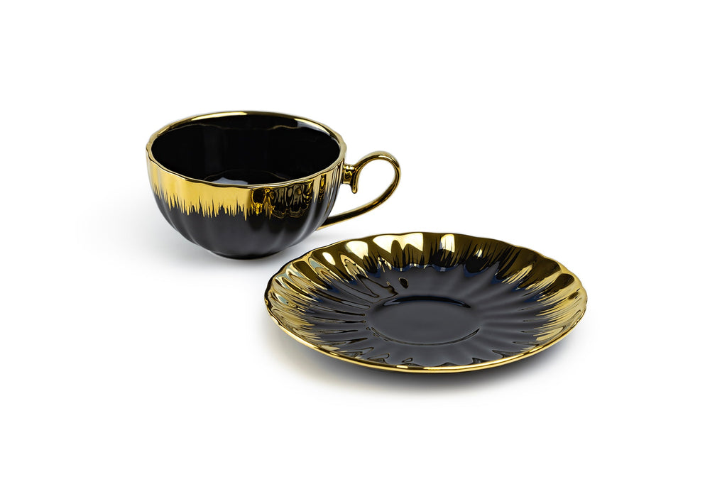 Black Gold Ripple Fine Porcelain Cup and Saucer