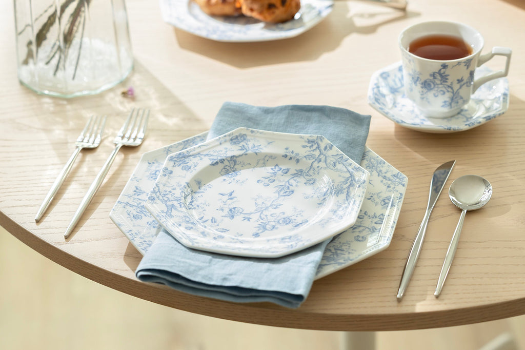 Blue Rose Octagonal Fine Porcelain Dessert/Dinner Plate