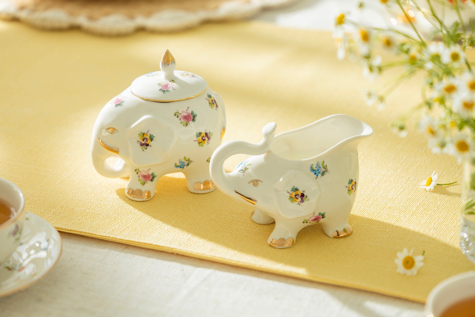 Floral Elephant Fine Porcelain Sugar & Creamer Set