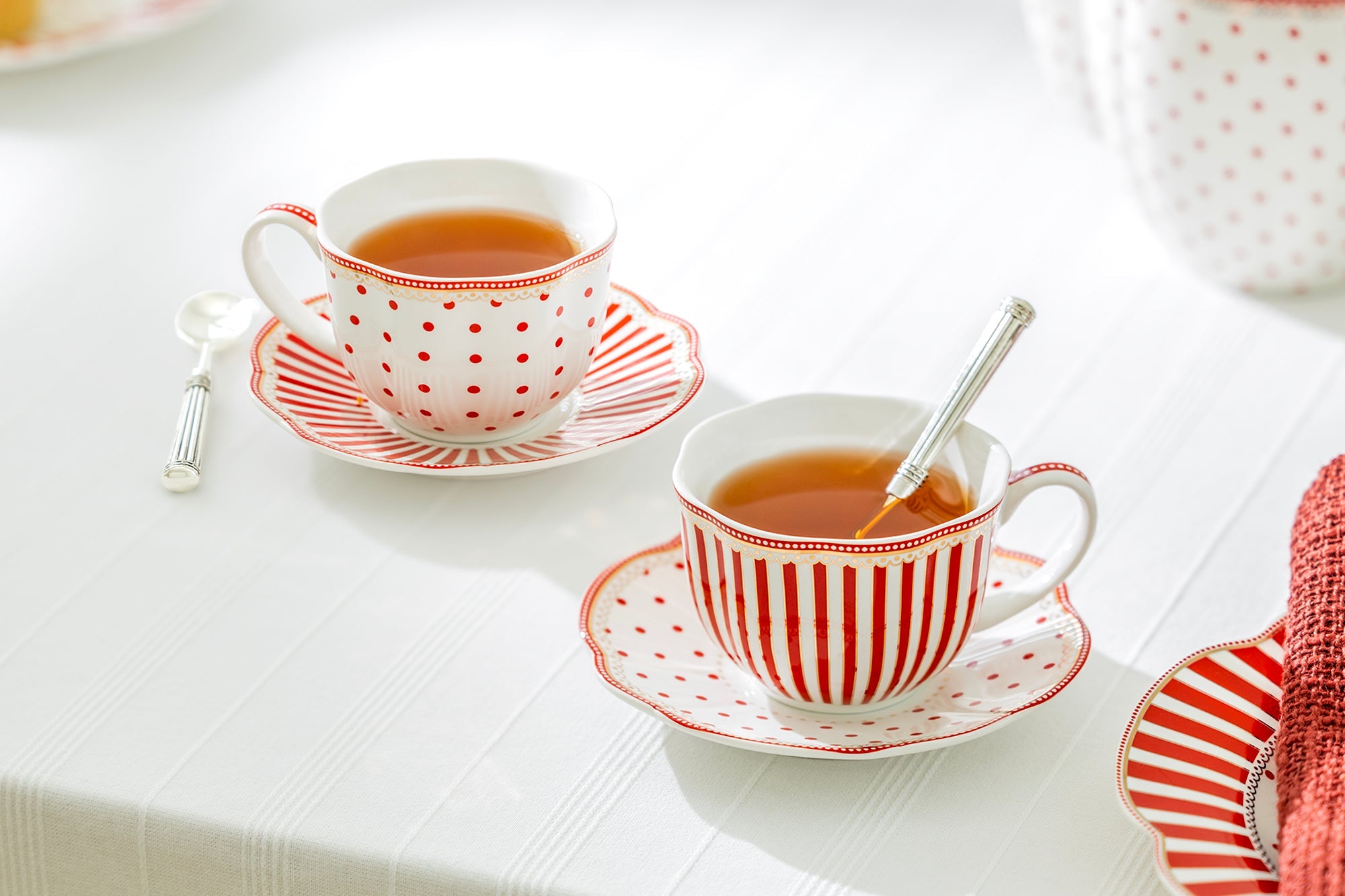 Red Josephine Stripes and Dots Fine Porcelain 11-Piece Tea Set