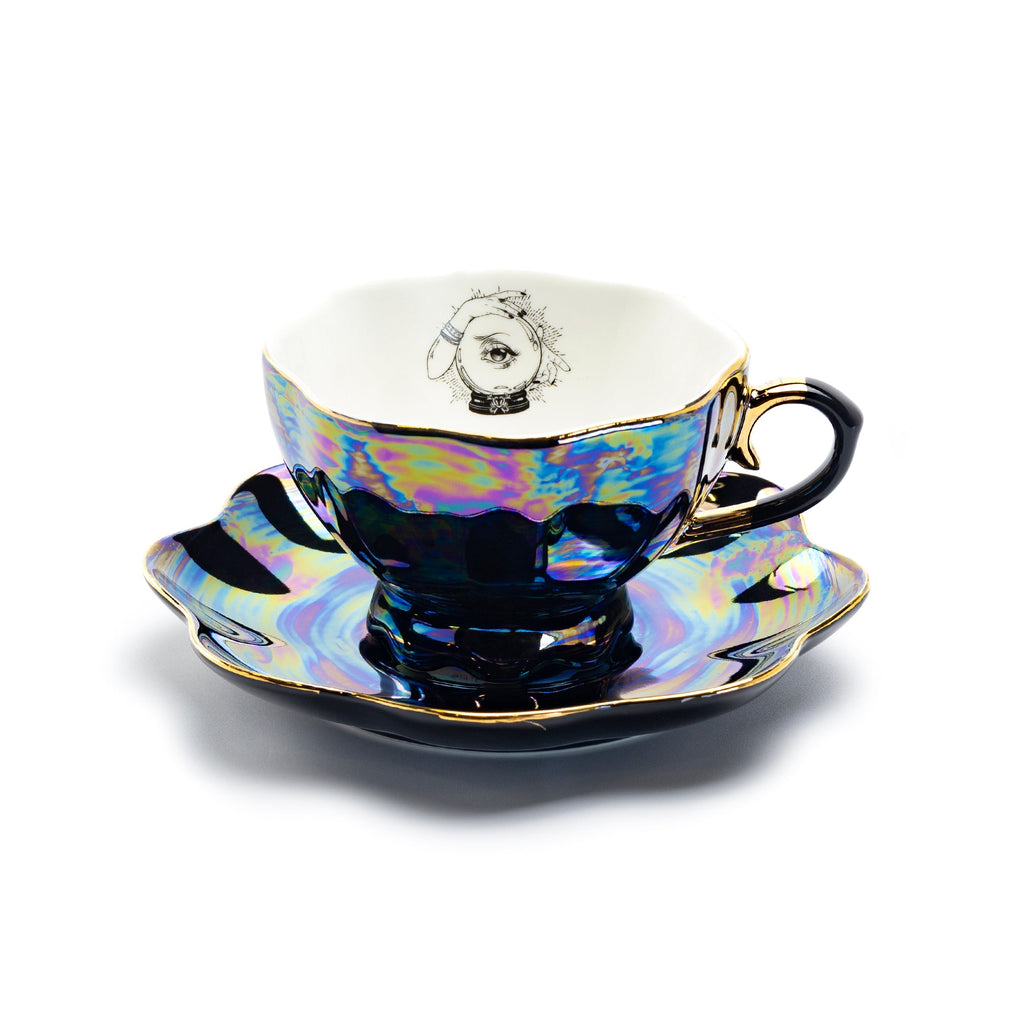 Witchy Crystal Ball Black Gold Luster Tea Cup and Saucer