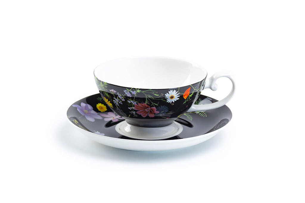 Summer Meadow Black Bone China Cup and Saucer