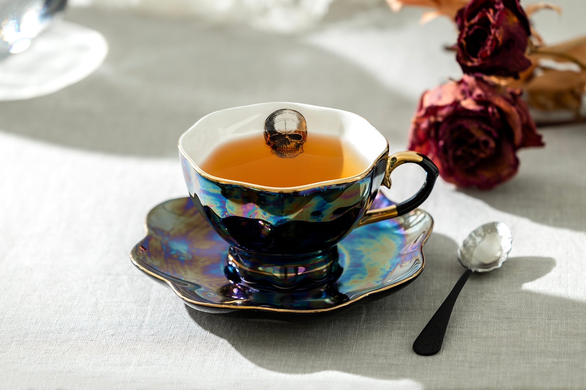 4 Assorted Halloween Black Gold Luster Tea Cup and Saucer Sets - Crow, Spider, Skull, Ouija Board