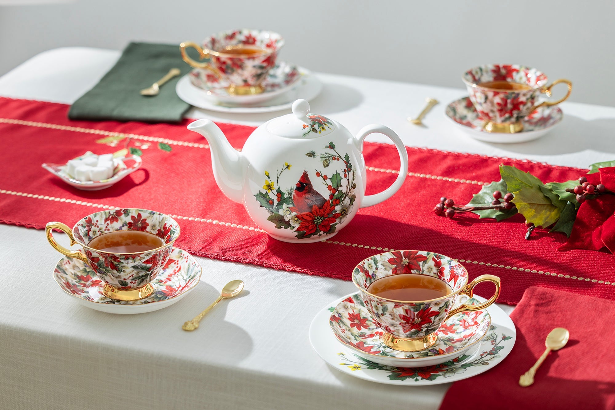 Cardinal Poinsettia Chintz Gold Bone China Tea Set