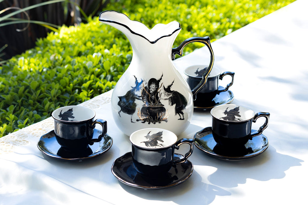 Witches Brew Pitcher + 4 Flying Witch Tea Cup and Saucer Sets