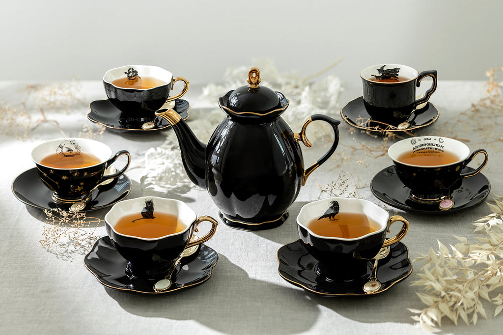 Black Gold Scallop Teapot + 6 Assorted Halloween Tea Cup and Saucer Sets - Ver. A