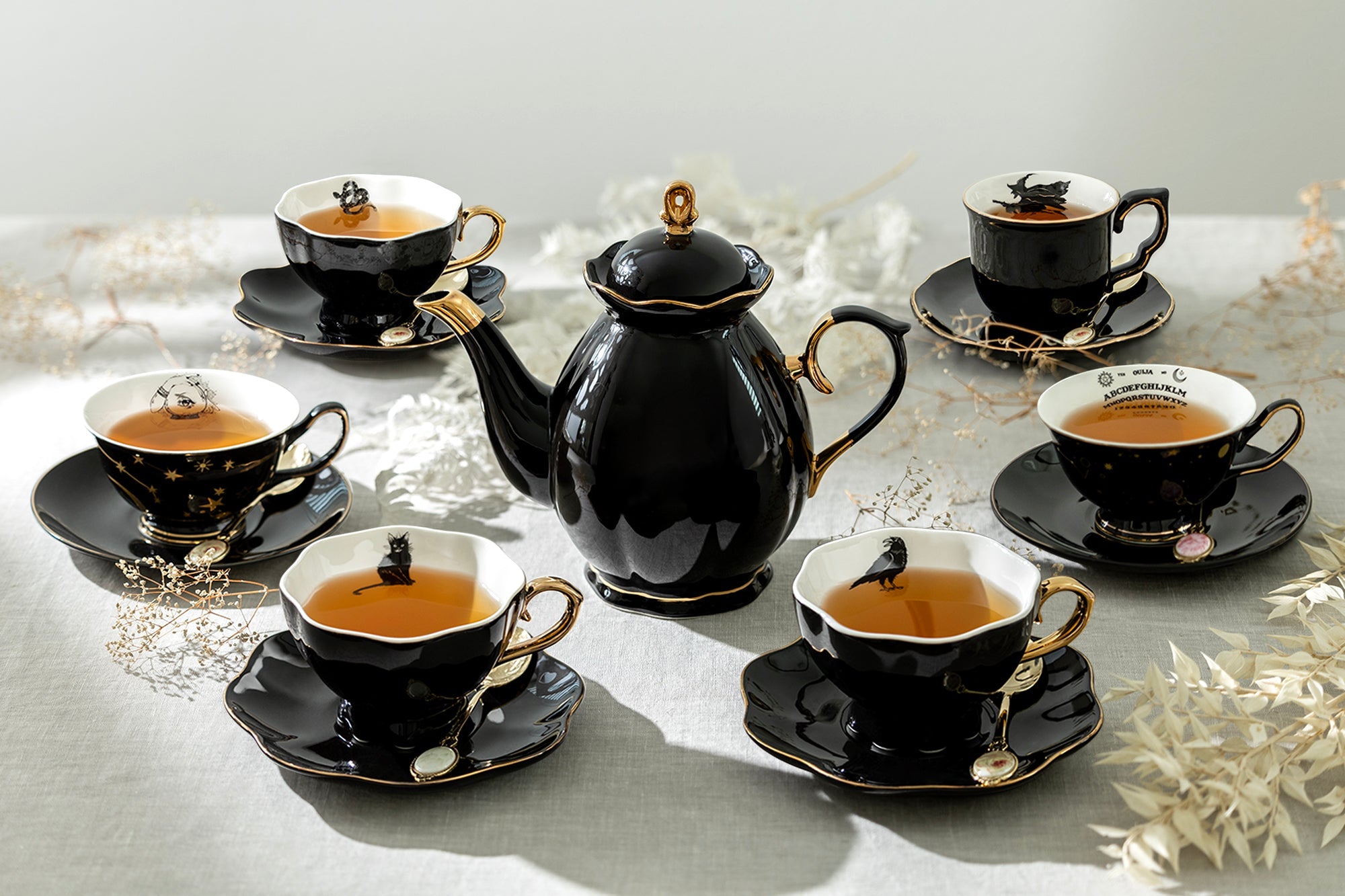 Black Gold Scallop Teapot + 6 Assorted Halloween Tea Cup and Saucer Sets - Ver. A
