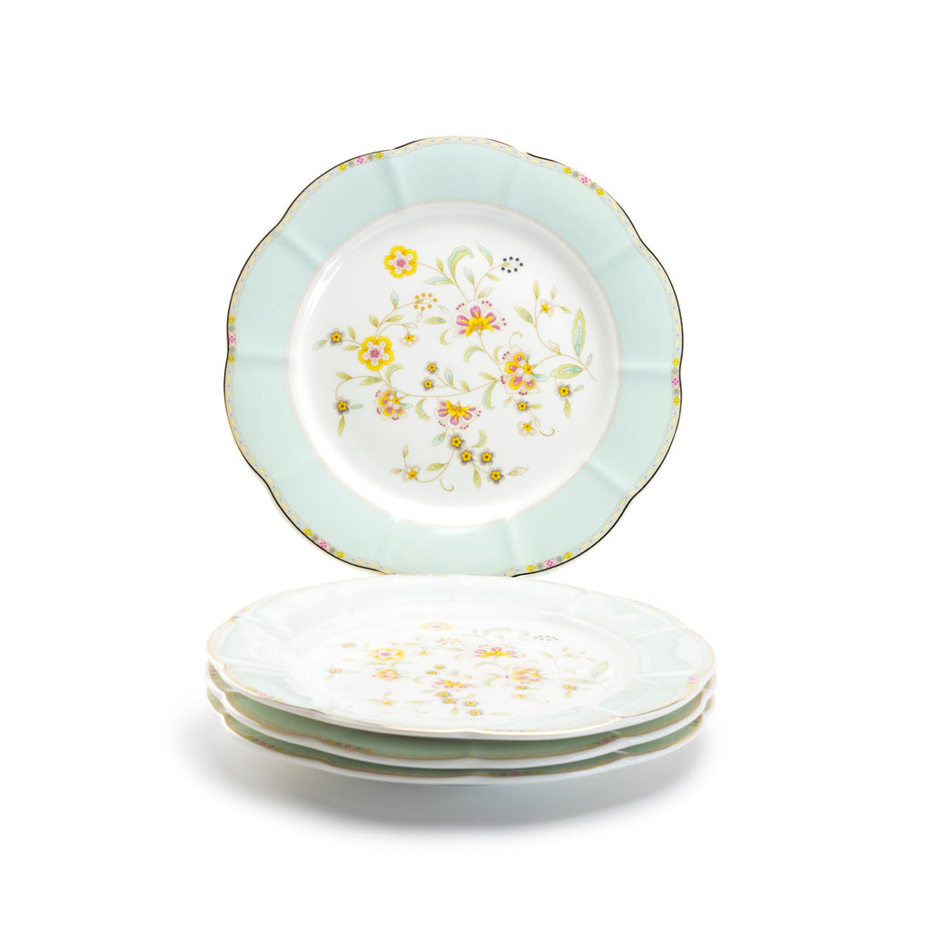 Yellow Corn Flowers with Mint Rim Fine Porcelain Dessert/Dinner Plate