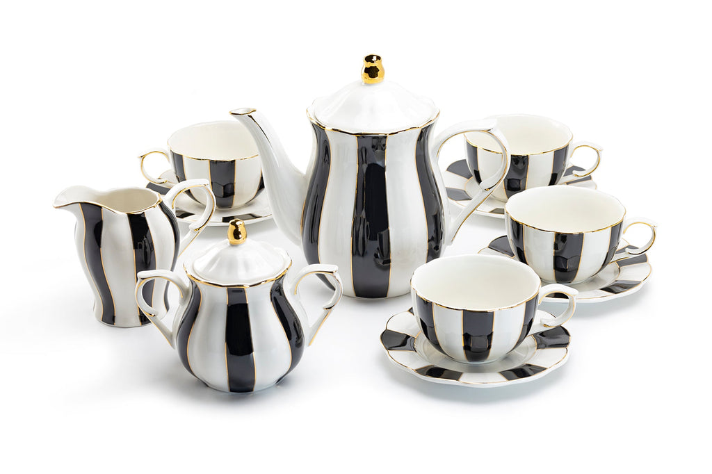 Black and White Scallop Fine Porcelain Tea Set