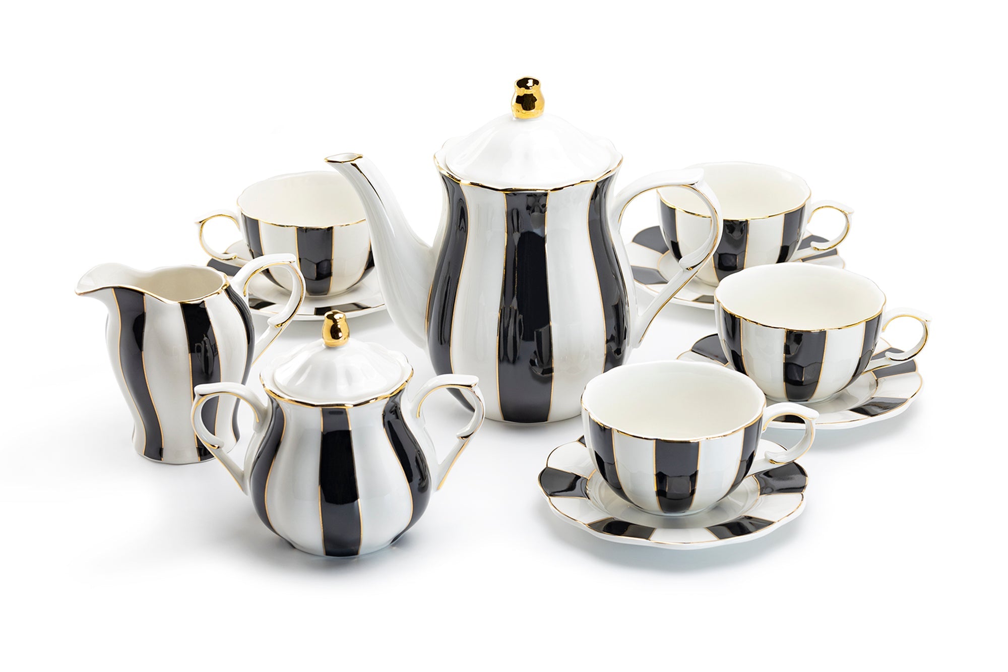 Black and White Scallop Fine Porcelain Tea Set