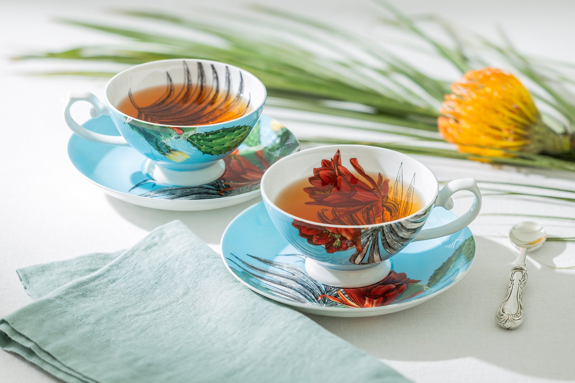 Cactus Flower and Palm Leaf Bone China Tea Cup and Saucer