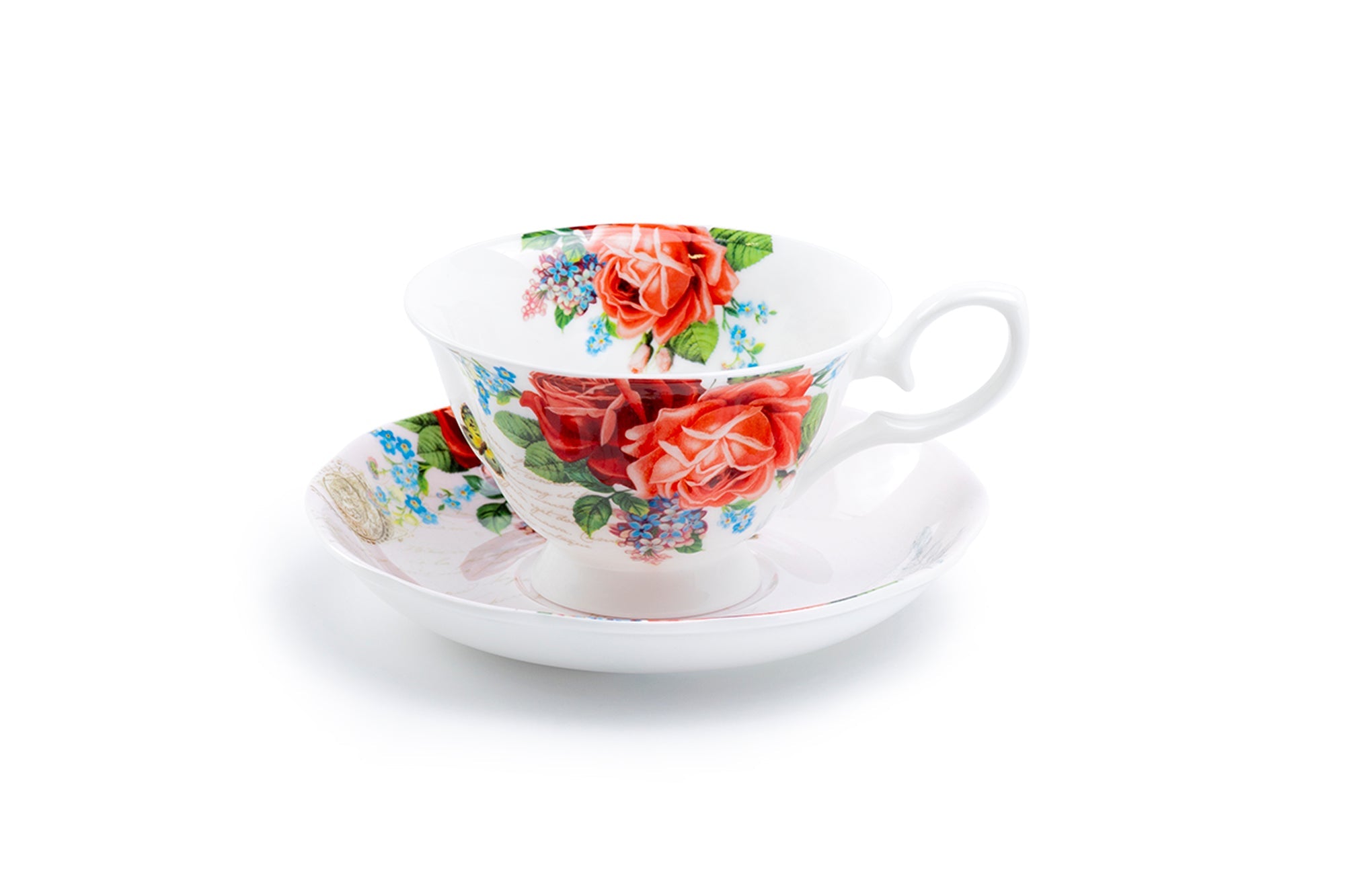 Red Rose Garden Bone China Tea Cup and Saucer