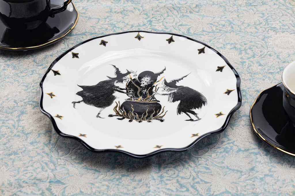 Flying Witch Black Gold Tea Cup and Saucer + Witches Brew Serving Platter Set