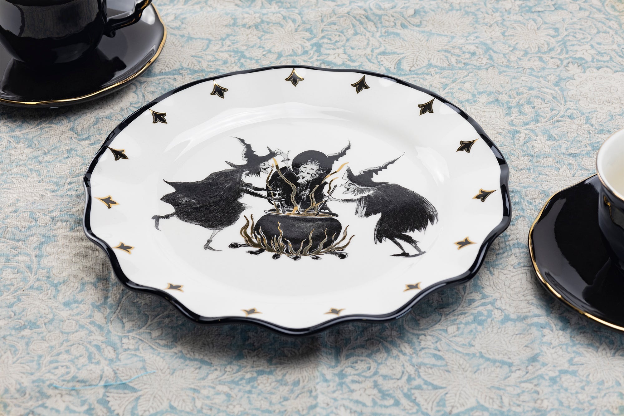 Flying Witch Black Gold Tea Cup and Saucer + Witches Brew Serving Platter Set