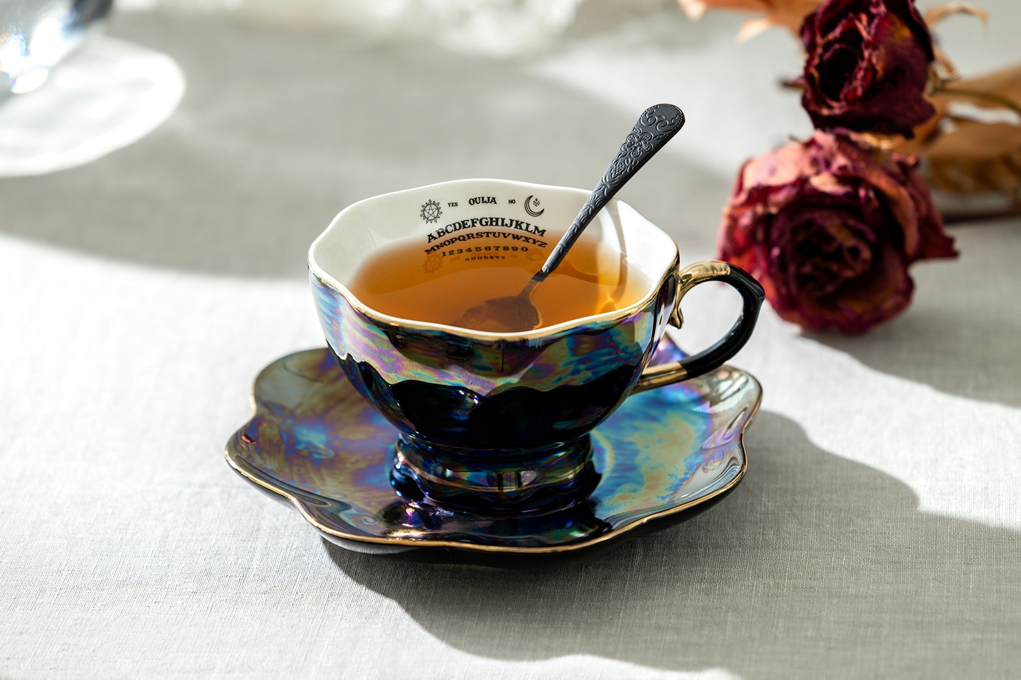 4 Assorted Halloween Black Gold Luster Tea Cup and Saucer Sets - Crow, Spider, Skull, Ouija Board