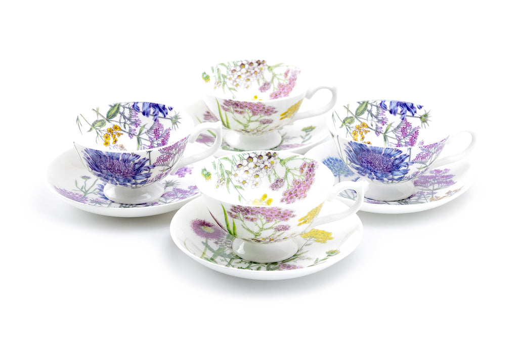 Flower Field Bone China Tea Cup and Saucer Set of 4