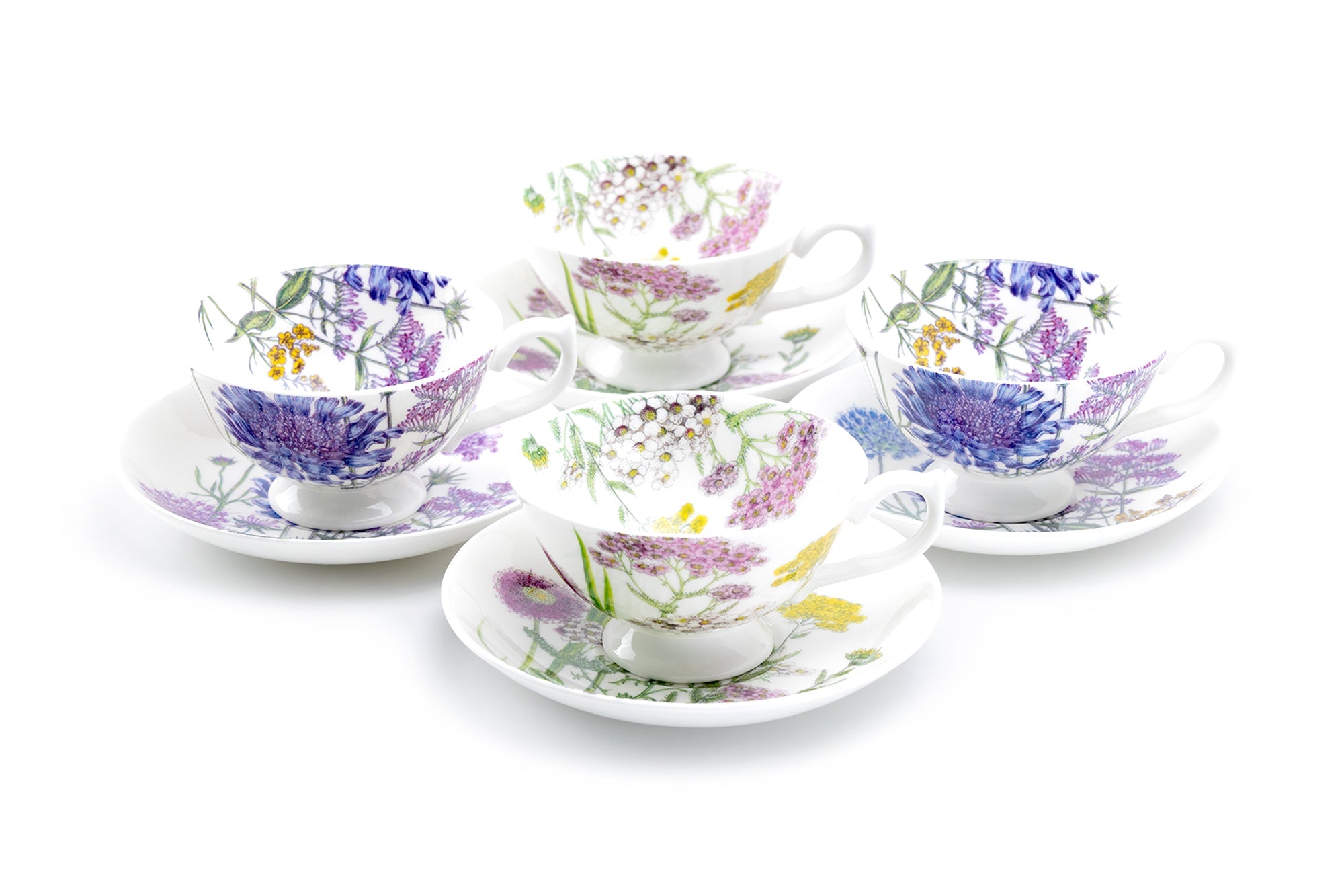 Flower Field Bone China Tea Cup and Saucer Set of 4