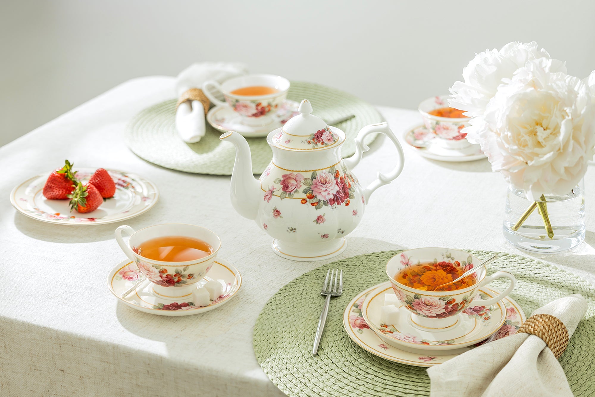 Peony and Strawberry Cream Bone China 9-Piece Tea Set