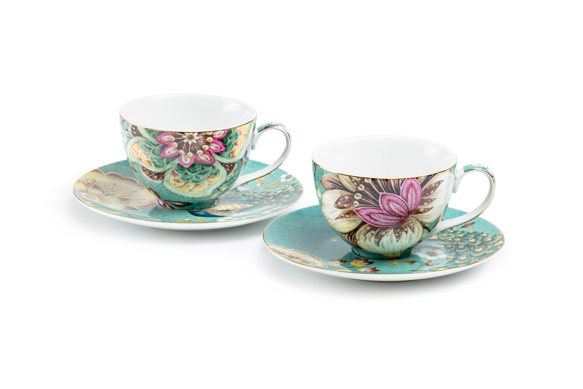Peacock Lotus Garden Green Fine Porcelain Assorted Cup and Saucer Sets